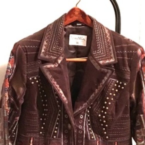 Pamela McCoy Brown Velvet  Embellished Embroidered Long Collared Coat Jacket ~ M - Picture 3 of 5